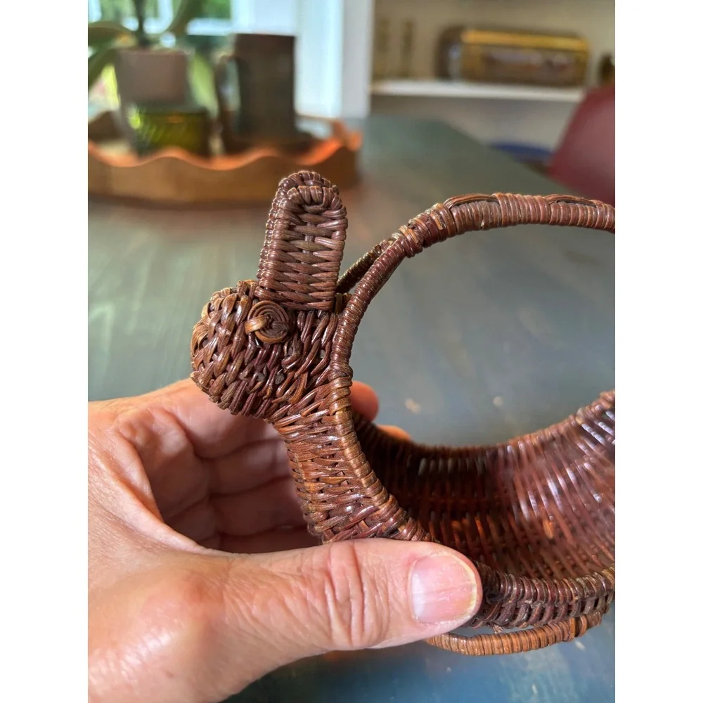 Vintage Miniature Wicker Bunny Basket Dark Brown Woven Rattan Easter Decor 5 in
